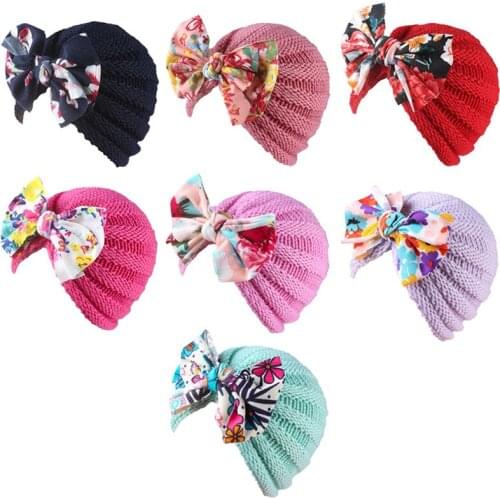 Big Bow Baby Girl Hat Floral Knitted Kids Beanie Caps Turban Autumn Winter Outdoor Infant Toddler Bonnet Hats Baby Accessories