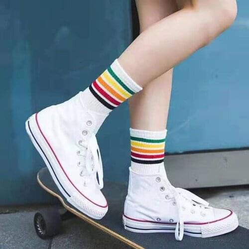 All-match External Wear Rainbow Striped Socks Cool Men Women Comfortable Absorb Sweat Lover Socks Soft Cotton Chaussett