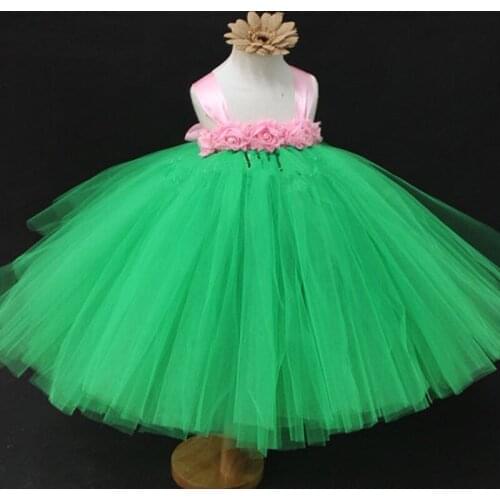 Girls Green Tutu Dress Kids Tulle Dress Ball Gown with Pink Shabby Flowers Children Birthday Christmas Party Costume Dresses