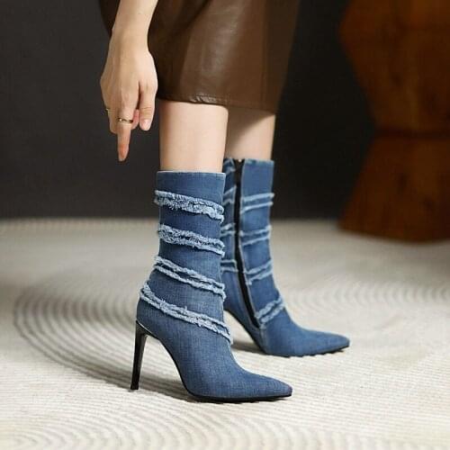 YMECHIC Side Zipper Circle Fringe Blue Shorty Ankle Boots 9cm High Heel Pumps Shoes Office Lady Botas Drop Shipping Size 34- 45