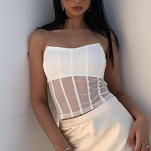 Tinastyle Mesh Patchwork Sexy Corset Top Women 2020 Off Shoulder Backless Slim Crop Top White Casual Camis Summer y2k top Mujer