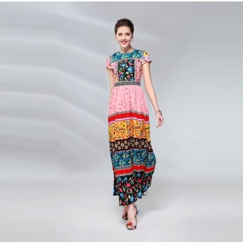 2020 Autumn New Arrival Fashion A-Line O-Neck Short Sleeve Pattern Flower Print Elegant Ankle-Length Long Dress Women