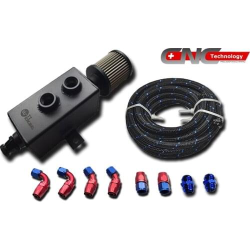 1L_OT_BK_NL - 1L SQUARE STYLE BLACK ALUMINIUM OIL CATCH CAN TANK KIT AN10 NYLON HOSE