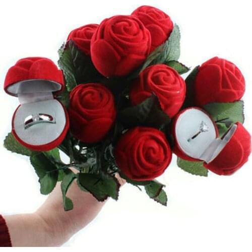 1 Pc Display Case Wedding Engagement Valentine Romantic Rose Flower with Rod Ring Box Velvet Creative Gift Box Jewelry Packaging
