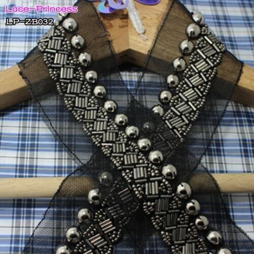 1 yard 2CM black fabric gary pearl drill clothing accessories collar flower DIY handmade beading Braid lace trim fabric ZB032