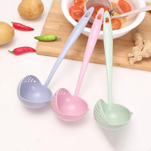 2 in 1 Wheat Straw Soup Spoon Long Handle Porridge Spoons Filter Home Cooking Tools Kitchen Accessories