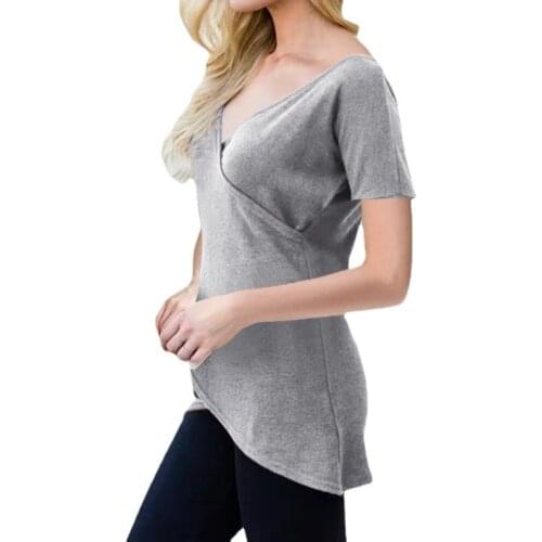 2021 Summer New Fashion Sexy Womens Short Sleeve Top V Neck Slim Waist Asymmetrical City Leisure T-Shirt