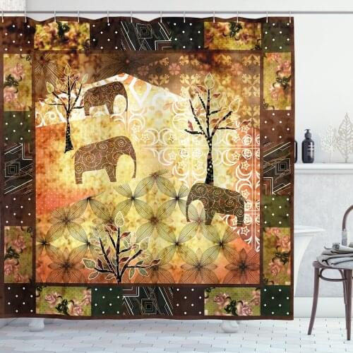 Africa Ancient Shower Curtain Set Rustic Frame of Folk Elephant Curtain for Bathroom Decor 12 Hooks Decorative Bath Accessory