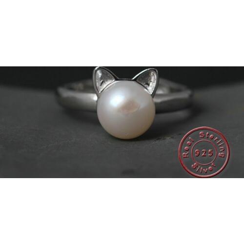 Amxiu Cute Cat Open Ring Natural Freshwater Pearl Ring S925 Silver Open Rings Handmade Kitten Ring For Women Girls Accessories
