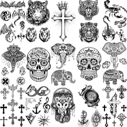 Elephant Henna Temporary Tattoos For Women Adult Kids Cross Dragon Tiger Scorpion Skull Fake Tattoo Neck Arm Hands Small Tatoos