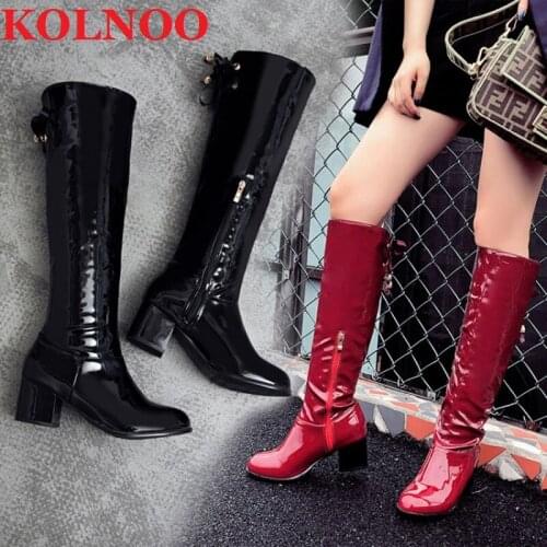 KOLNOO New Handmade Blocked Heels Knee-High Boots Patent Leather Round-Toe Three-Colors Evening Party Fashion Winter Boots Shoes