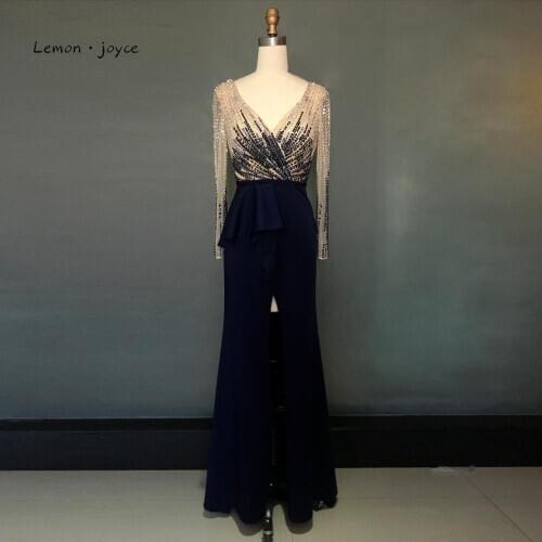 Lemon joyce Dark Blue Evening Dresses 2020 Elegant Long sleeves Beading Mermaid Dress Sexy V-Neck Slit Party Gowns Plus Size