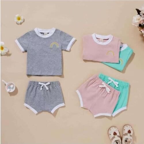 Wallarenear 0-3Years Toddler Baby Boy Girl Summer 2Pcs Clothing Set Short Sleeve Solid Top Shorts Outfit 3Colors