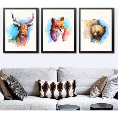Nordic Simple Watercolor Cute Animal Wall Art Portrait Canvas Painting Pictures for Living Room Scandinavian Home Decor