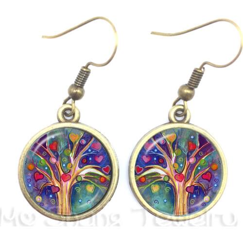 Tree Of Life Pattern Picture Vintage Drop Earrings Time Glass Dome Jewellery Glass Ornaments Gift For Women Girl