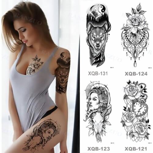 Waterproof Temporary Tattoo Stickers Black Tattoo Big Black Tiger Skull Lion Wolf Rose Leg Chest Arm Fake Tattoo Man Woman