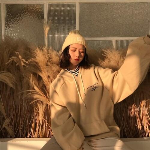 Women Trendy Sweatshirts Thicker Plus Velvet Warm Soft Letter Printed Simple Hoodies Female All-match Pockets Leisure Pullovers