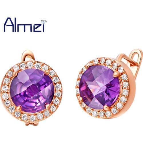Rose Gold Color Stud Earrings for Women Bridal Wedding Gift,Fashion Round Red/Purple Cubic Zircon Charm Cheap Jewelry R277
