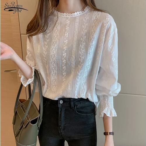 Autumn Fashion Women White Chiffon Blouses Long Sleeve Lace Women Tops Casual Floral Lady Tops Blusas Mujer De Moda 2021 6202 50