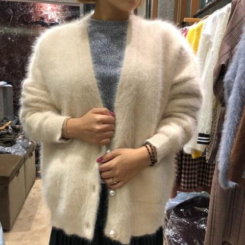 Women Angora Cardigans Sweater Autumn Winter Wool Knitted Jumper Coat Long Sleeves V-Neck suit style Pearl buckle wsr777