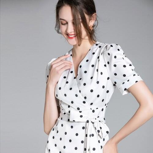 Summer French Style Satin Office Ladies Dress Women Elegant V Neck Puff Sleeve Temperament Polka Dot Lace-up Midi Vestidos k9915