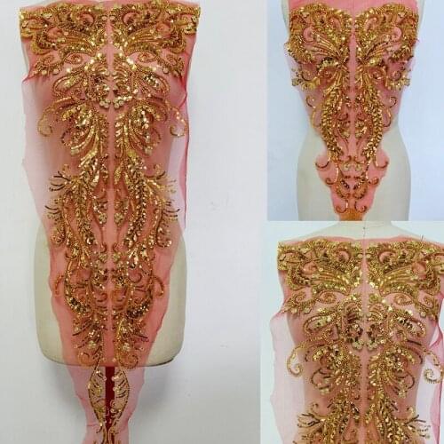 2Pieces Gold Sequins Wedding Gown Appliques Embroidered Fabric Collar Lace Trims Mesh Sew On Patch For Dress DIY Decoration