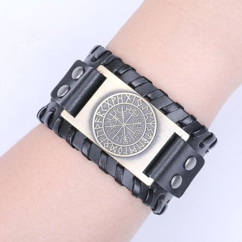 2019 Europe and America Vintage Viking Genuine Leather Bracelet for Man Bangle Nordic Runes Odin Symbol Wrap Jewelry Accessories