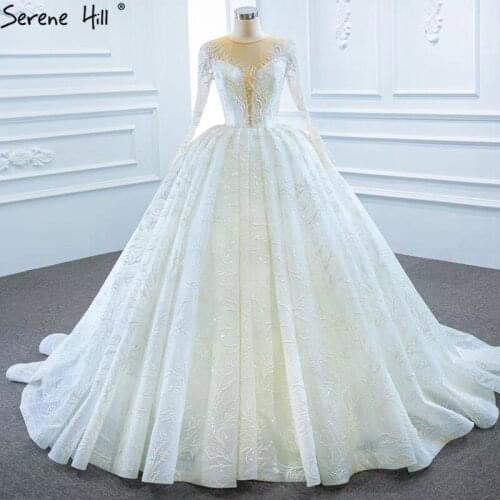 White Long Sleeves Luxury Plus Size Wedding Dresses 2020 O-Neck Glitter Lace Up Bride Gowns BHM67168 Couture