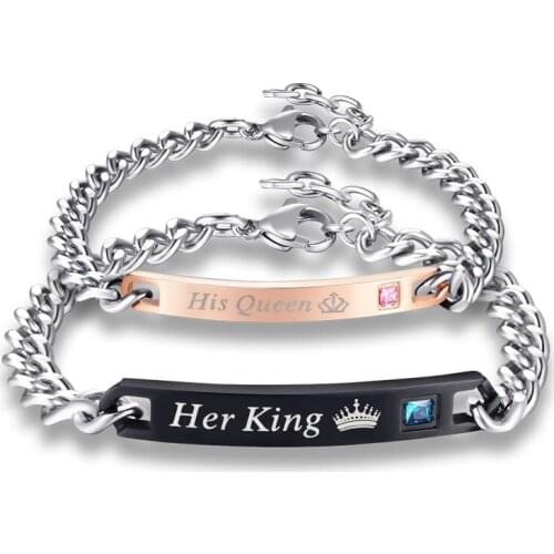 Bracelet for Women His Queen Her King Black Rose Gold Crown Crystal Couple Bracelets Hands Jewelry
