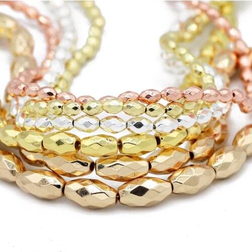 Natural Stone Faceted Rice Grains Oval Hematite Spacer Gold Silvers Rose 5/6/8/12MM Loose Beads For Jewelry Making DIY Bracelet