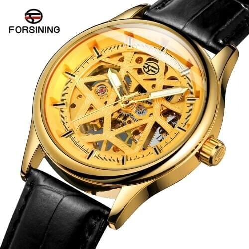 Forsining Top Brand Mens Classical Color Bars Index Dial Analog Hand Winding Mechanical Skeleton Genuine Leather Wrist Watch