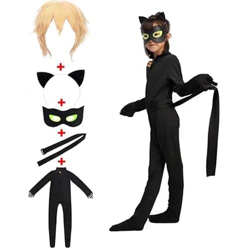 Kids Cat Costume - Boy Girl Child Halloween Black Cat Cosplay Jumpsuit with Wig