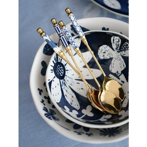 European 304 Stainless Steel Golden Dessert Coffee Spoon Household Pink Ceramic Handle Small Spoon Cute Small Spoon