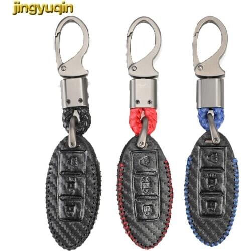 Jingyuqin Leather Carbon Remote Car Key Case Cover For Nissan Tidda Livida XTrail T31 T32 Qashqai March Juke Pathfinder Note GTR
