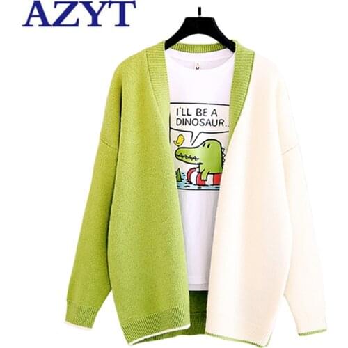 AZYT Fashion Patchwork Cardigan Women Sweater Jacket Korean Loose V Neck Knitted Cardigan Female 2021 Single-Breasted Knit Tops