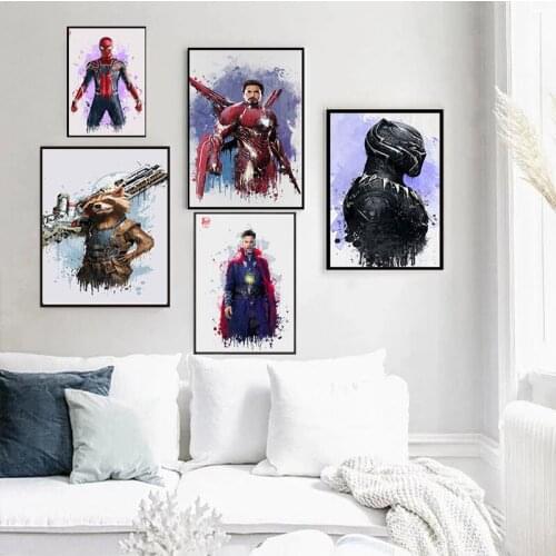 Canva Painting Marvel Avengers Watercolor Iron Man Spiderman Poster Print Anime Wall Art Pictures Children Room Home Decor Mural