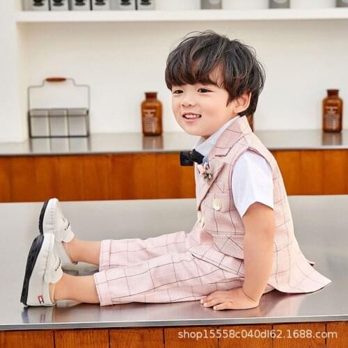 Baby Boys Clothing Sets Summer Kids Boys Korean Handsome Birthday Party Clothes Suits Pink Plaid Vest Pants Shirts 3pcs for Boy