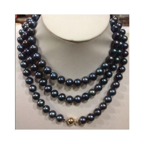 Beautiful Natural 8-9mm AAA Black Tahitian Pearl Necklace 50" 14K Gold Clasp