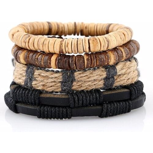 Ethnic Vintage Punk DIY Beads Wrap Black Genuine Leather Men Bracelets For Women Homme Femme Jewelry Accessories 4 Pcs/set