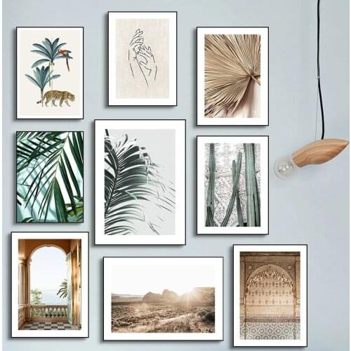Nordic Green Plant Leaves Morocco Arch Modern Wall Art Canvas Painting Posters and Prints Pictures Home Room Decor (No Frame)