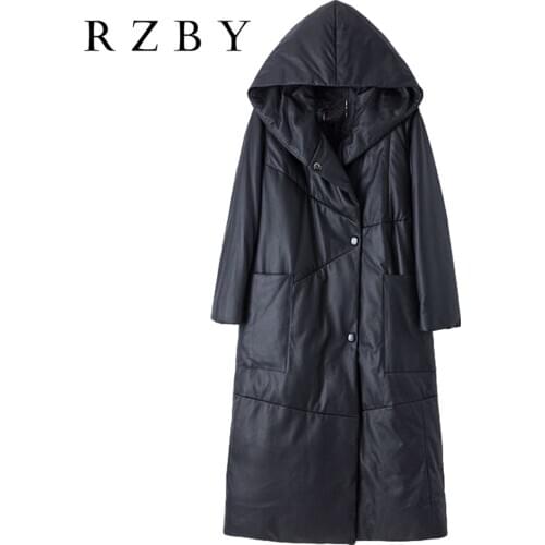 2020 Winter New Real Sheep Leather Down Jacket Ladies Mid-length Hooded Leather Chaqueta de plumas Coat Slim Fit RZBY183