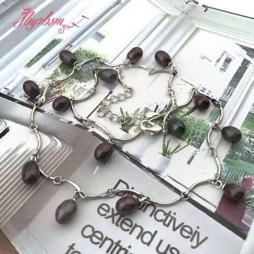 6-7x7-8mm Oval Freshwater Pearl Natural Stone Beads Silver Plaeted Christmas Gift Wedding Fashion Necklace Adjustable Size 18"