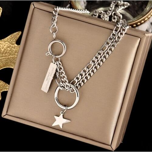 Colorfast 316L stainless steel three chain necklace, exquisite five pointed star pendant, hip-hop fashion womens gift jewelry