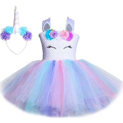 Pastel Flower Girl Unicorn Tutu Dress Princess Kids Girl Birthday Party Dress Tulle Children Girls Halloween Unicorn Costume
