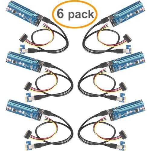 6Pack PCIe VER 006 PCI-E 1X to 16X Powered Riser Adapter Card w/ 60cm USB 3.0 Extension Cable & MOLEX to SATA Power Cable