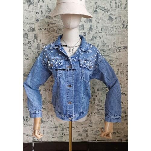 Real Shot Lady Jean Jacket Plus Size 5XL 2021 New Autumn Denim Coat Fashion Beading Blue/Black Top Jackets For Women Short