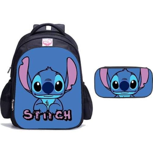 Disney 2pcs Hot Sale Cute Stitch Children School Bags 16 Inch Primary School Girls Nursery Backpack For Kids Boys with Pen Case