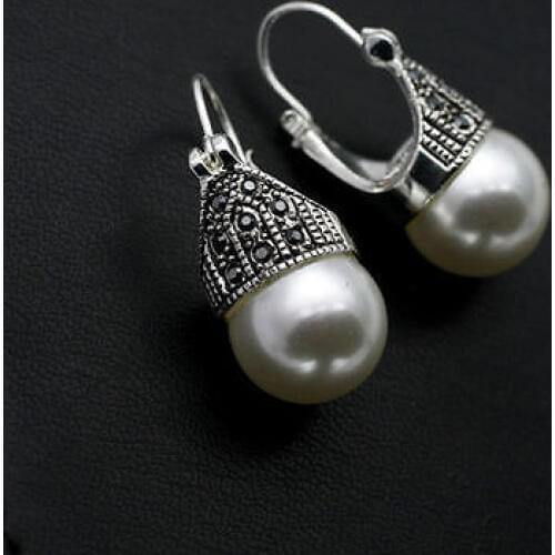 AAA Gray drop 14mm big shell pearl earring>Retro lantern large white pearl crystals freshly baked earring