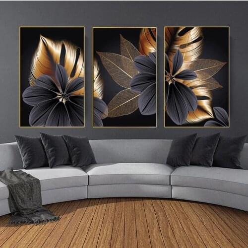 Triptych Black Golden Plant Leaf Home Decor Abstract Wall Art Diamond Painting Nordic Living Room Decoration Picture