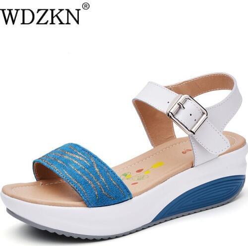 WDZKN Summer Women Sandals Split Leather Wedge Platform Sandals Fashion Buckle Strap Peep Toe Height Increase Ladies Shoes